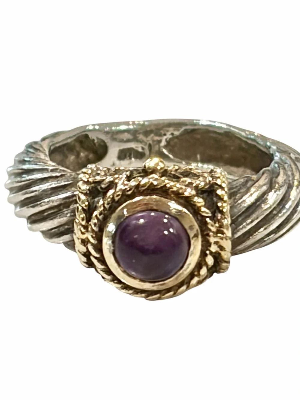 Vintage CNA Sterling Silver 14K Yellow Gold Amethyst Cable Ring Size 4.75